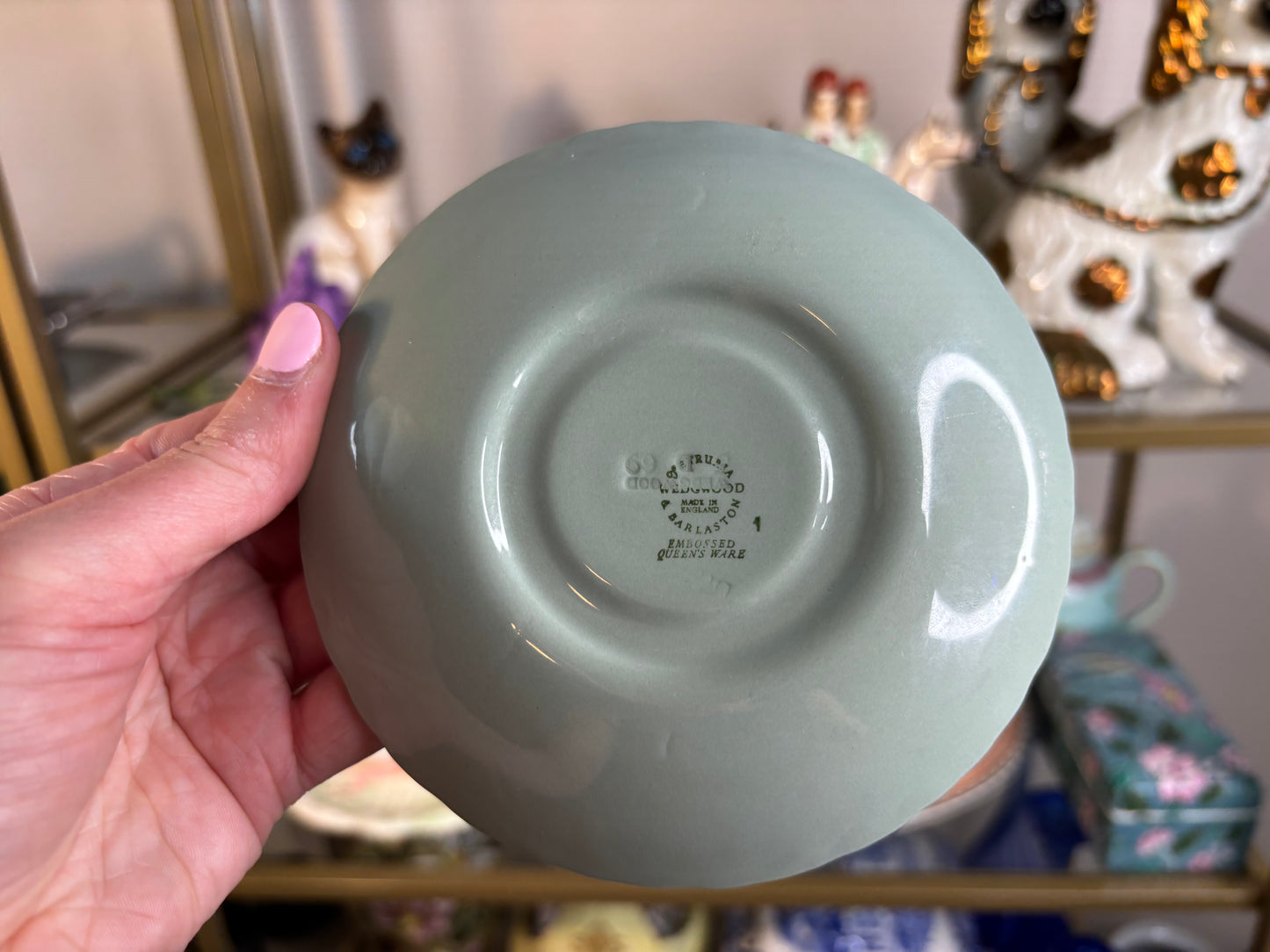 Lovely Wedgwood Queensware green and white teacup and saucer set!
