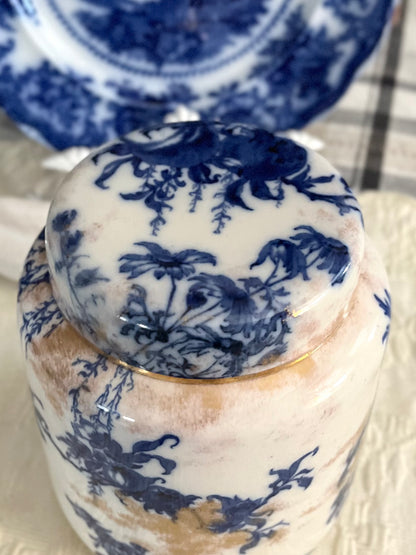 Live 09/22 Rare Surviver 1880s Doulton Burslem England Blue & White Gilt Biscuit Jar – Original Lid