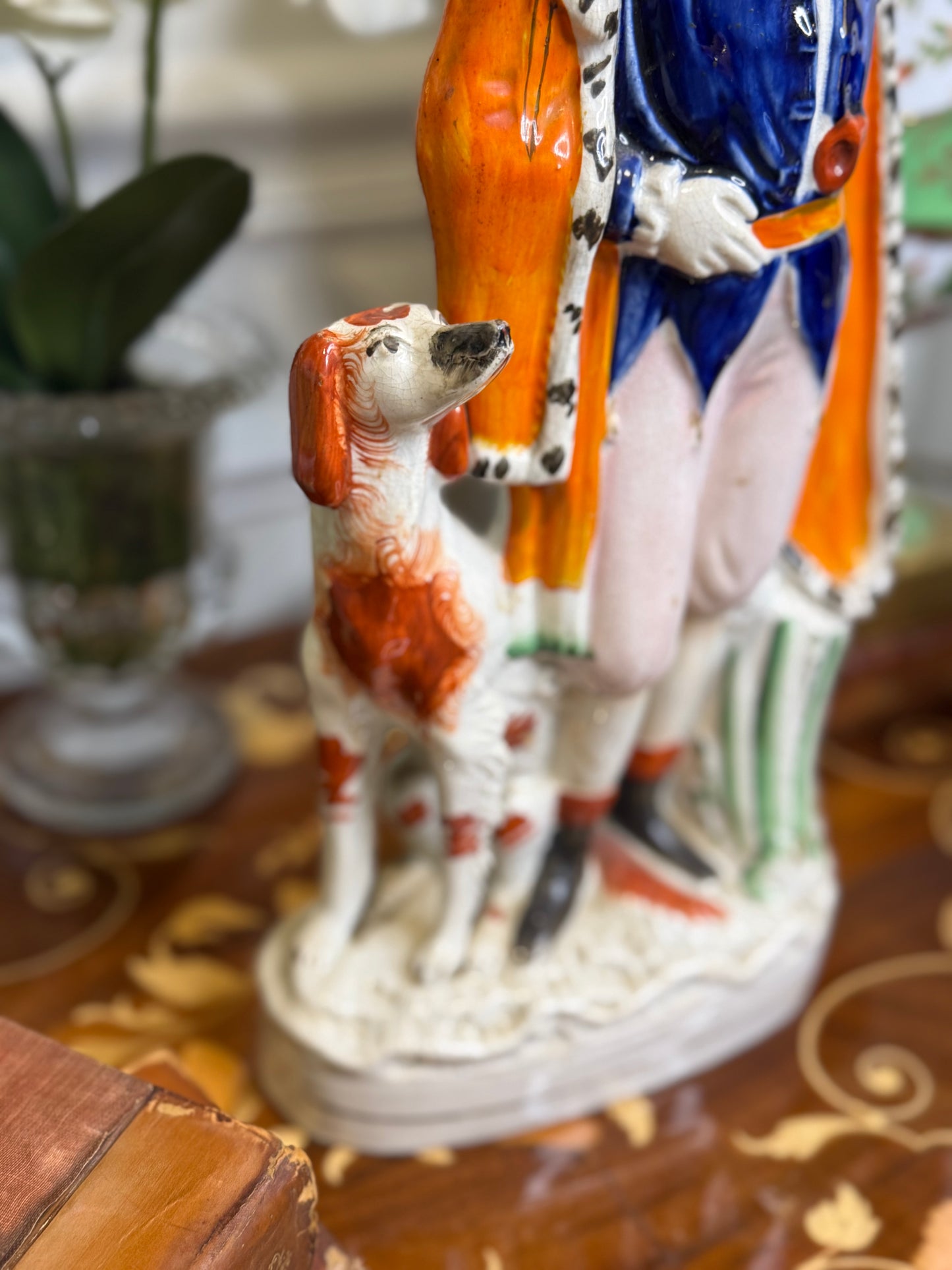 Antique Staffordshire Figure of Huntsman with Dog & Bird – 14” Tall Hand-Painted English Pottery