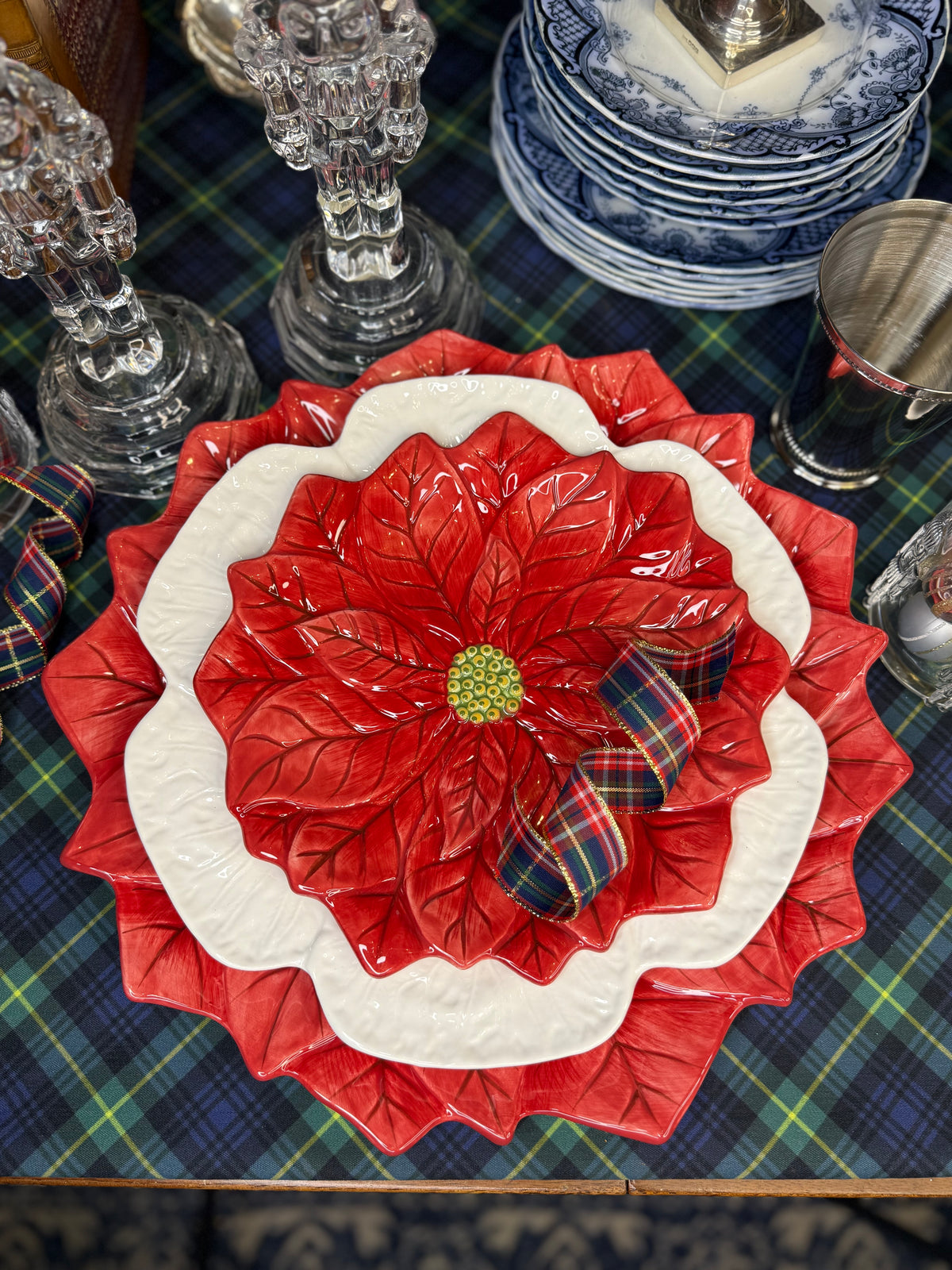 Three-Piece Poinsettia & Cabbage Holiday Place Setting | Charger, Dinner & Salad Plate