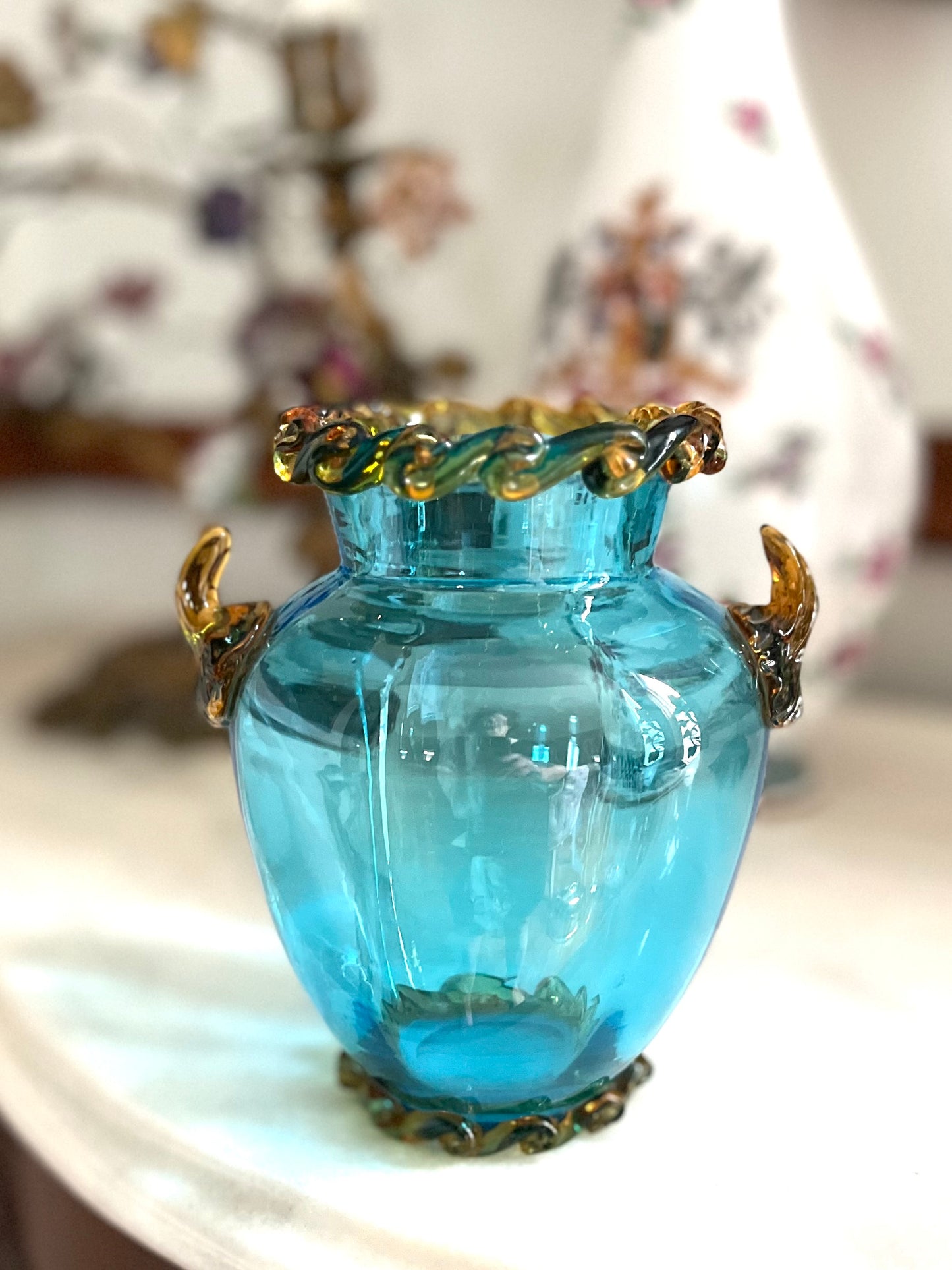 Antique Bohemian Aqua Art Glass Vase with Applied Amber Rigaree & Handles | 5”