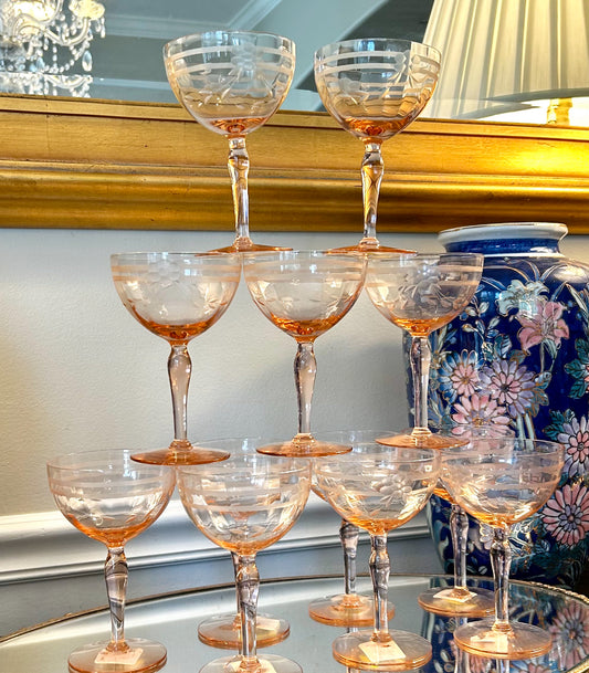 Set of 12 perfectly pink crystal Champagne sherbet etched coup glasses.