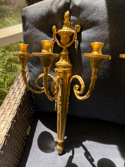 Stunning Louis XVI style ornate brass sconces pair with 3 arms!