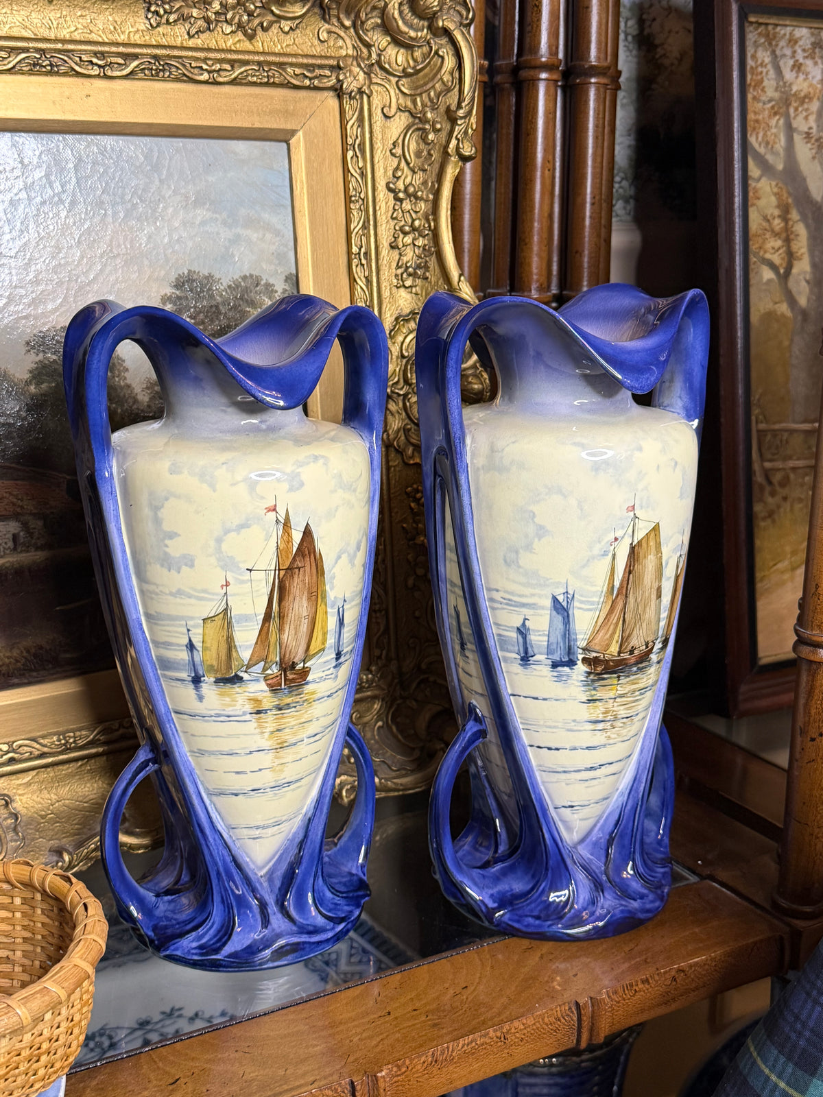 Antique 12.5” Tall Royal Bonn Franz Anton Mehlem Pair of Hand-Painted Maritime Vases | Model 2758 | c.1900 | DA4418