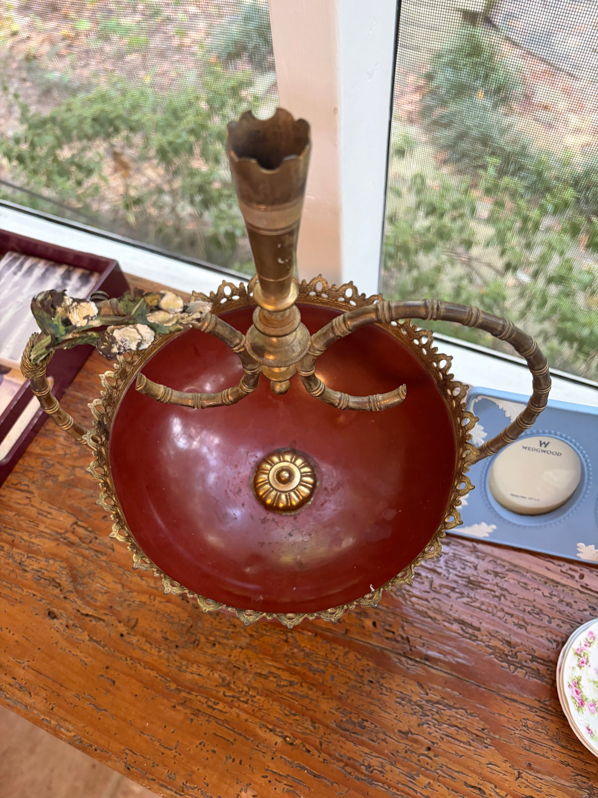 Lovely decorative brass centerpiece bowl or tazza featuring a reddish-maroon enameled body!