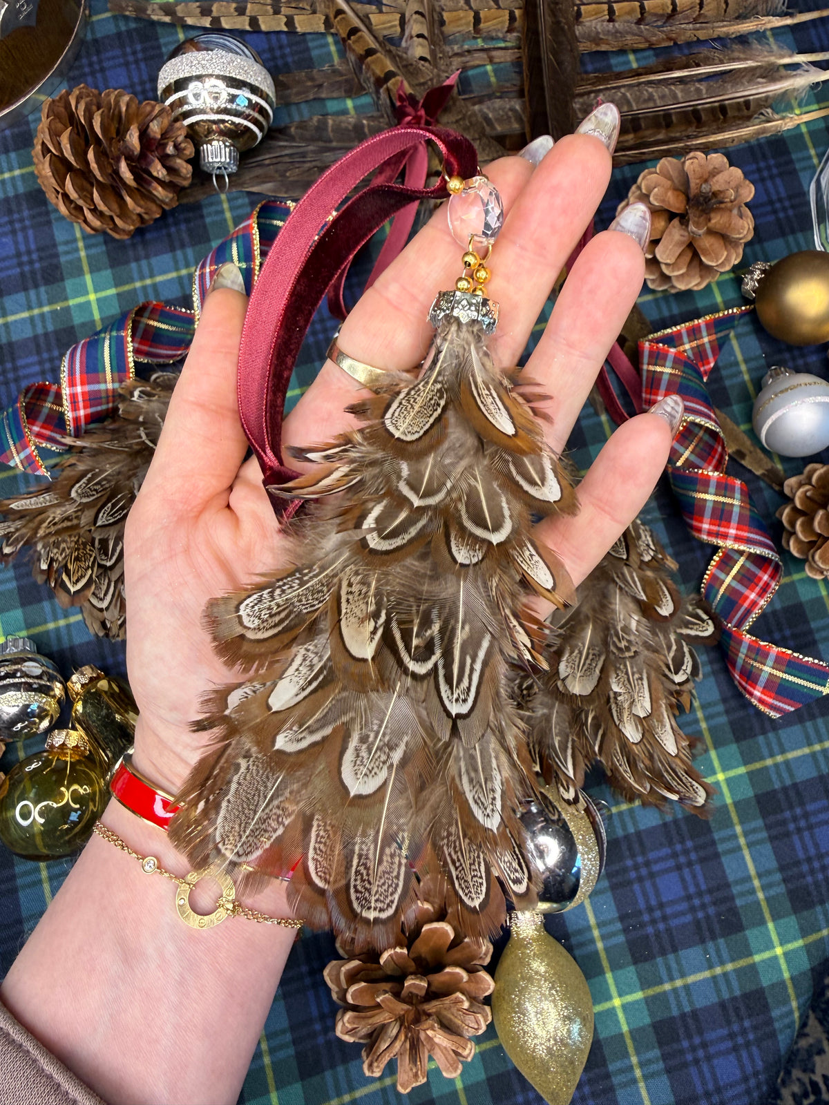 Handmade Pheasant Feather Mini-Christmas Tree Ornament W/ Vintage Crystal & Red Velour Ribbon