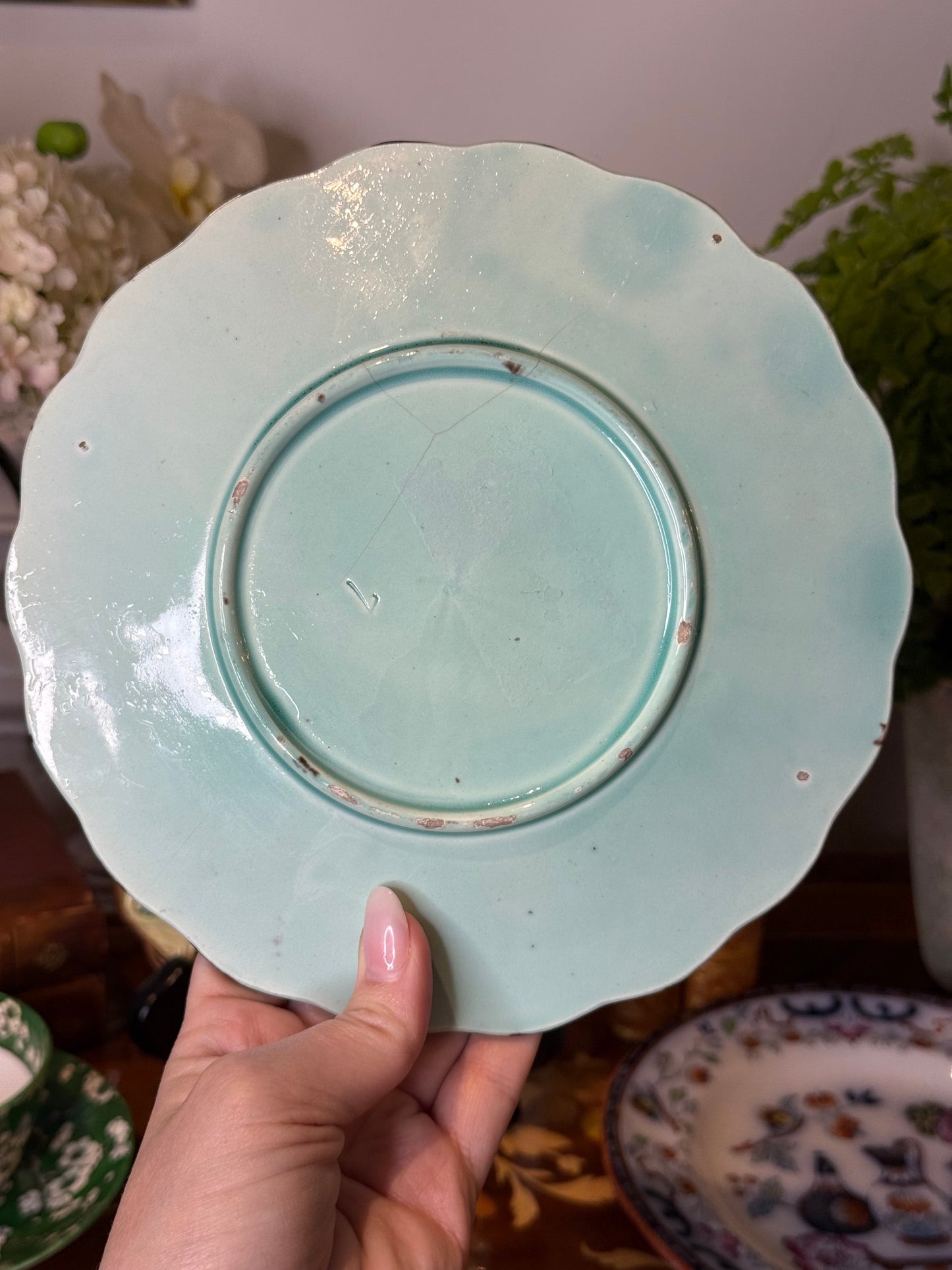Pair of Antique English Majolica Botanical Plates | Grape Vine & Horse Chestnut Leaf | Victorian Cabinet Plates | 7¼” & 7¾”