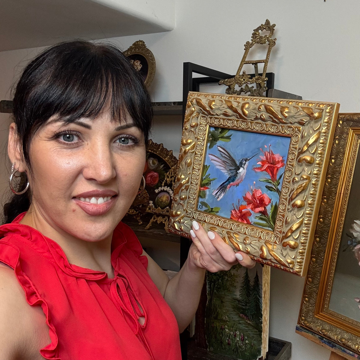 Hummingbird and red flowers original oil painting framed in wooden gold frame 9.5x9.5”