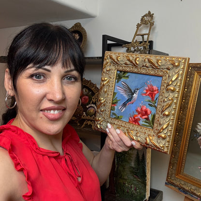Hummingbird and red flowers original oil painting framed in wooden gold frame 9.5x9.5”