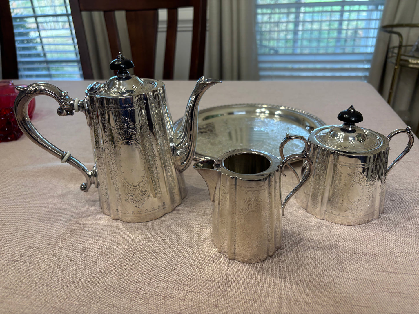 Stunning Barker Ellis three piece tea set! Includes pitcher, creamer, and sugar!