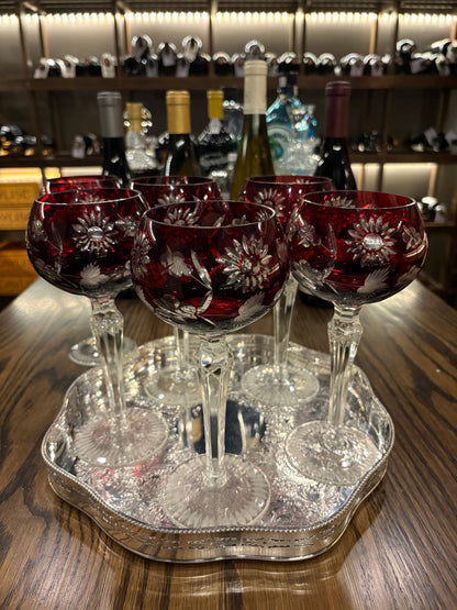 Set (6) Ruby cut to clear hock wine glasses