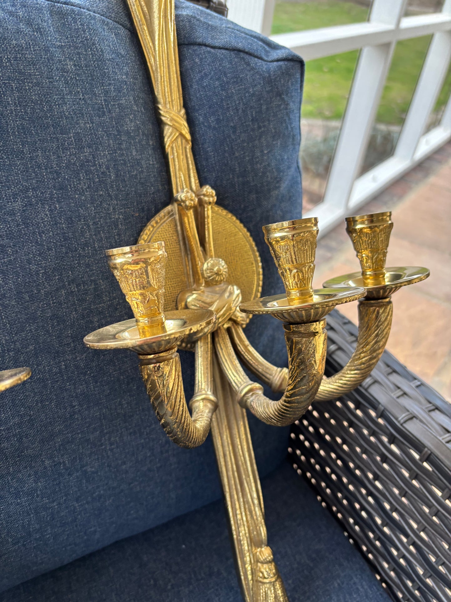 Gorgeous brass wall 25” candleholder sconces with floral and tassel details pair!