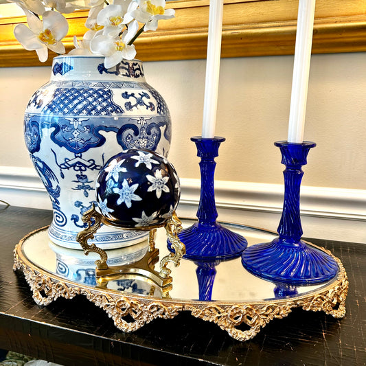 Pair of bold colbalt blue swirl candlestick holders