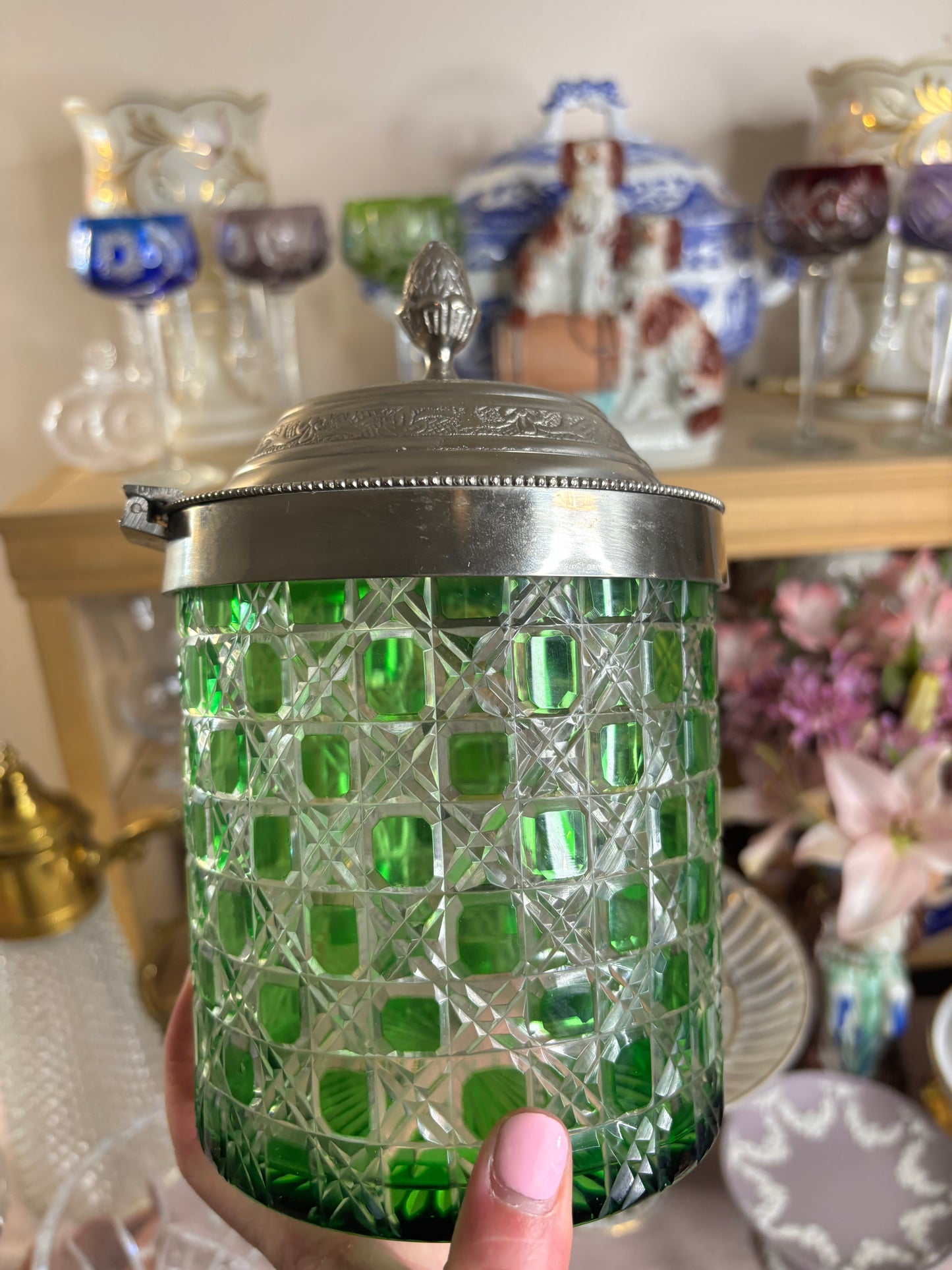 Stunning antique cut green biscuit jar with holding tray!