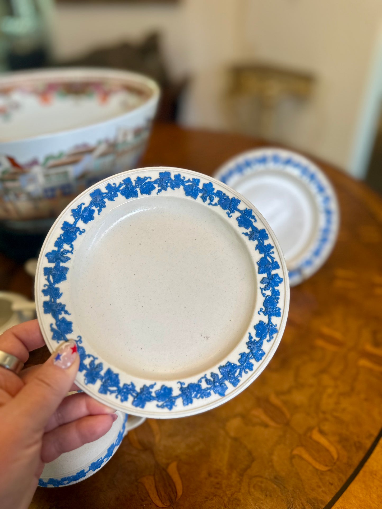 Pair of Antique Wedgwood Smear-Glazed Stoneware Saucers with Lavender Sprigged Grapes