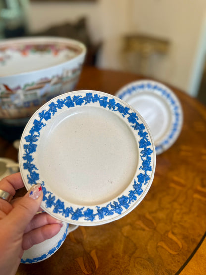 Pair of Antique Wedgwood Smear-Glazed Stoneware Saucers with Lavender Sprigged Grapes