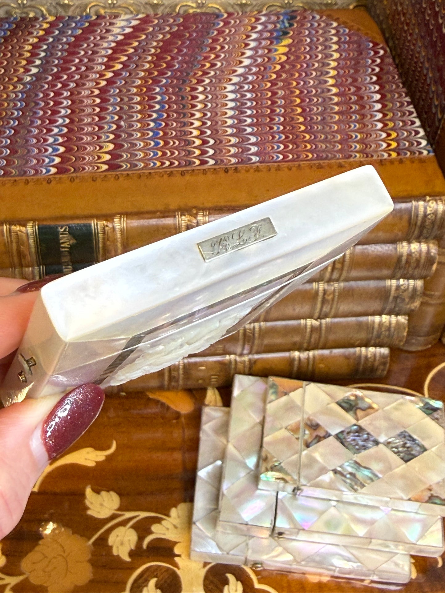 Antique Mother of Pearl Business Card Case with Silver Beehive Cartouche | Monogrammed HLF