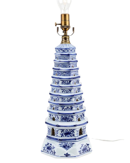 Danny’s Fine Porcelain: Blue & White Porcelain Pagoda Lamp | Dual-Light Illuminated Base | 30” Table Lamp