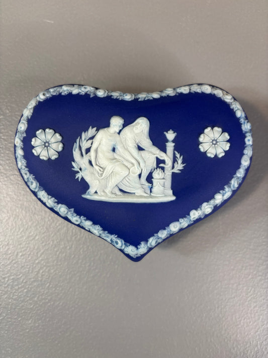 Wedgwood Cobalt jasperware heart shaped lidded trinket dish!