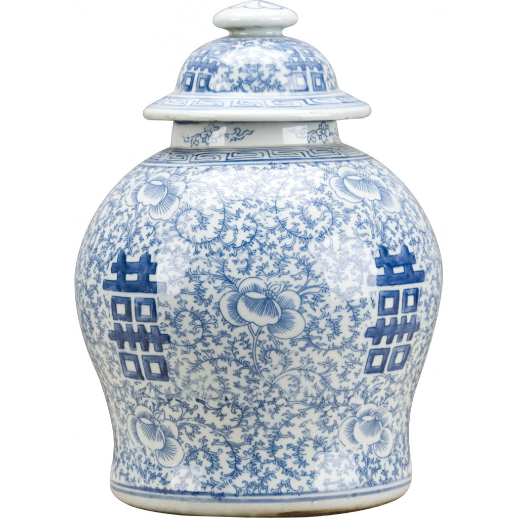 NEW - Blue & White, 12.5" Tall Porcelain Double Happiness Ginger Jar