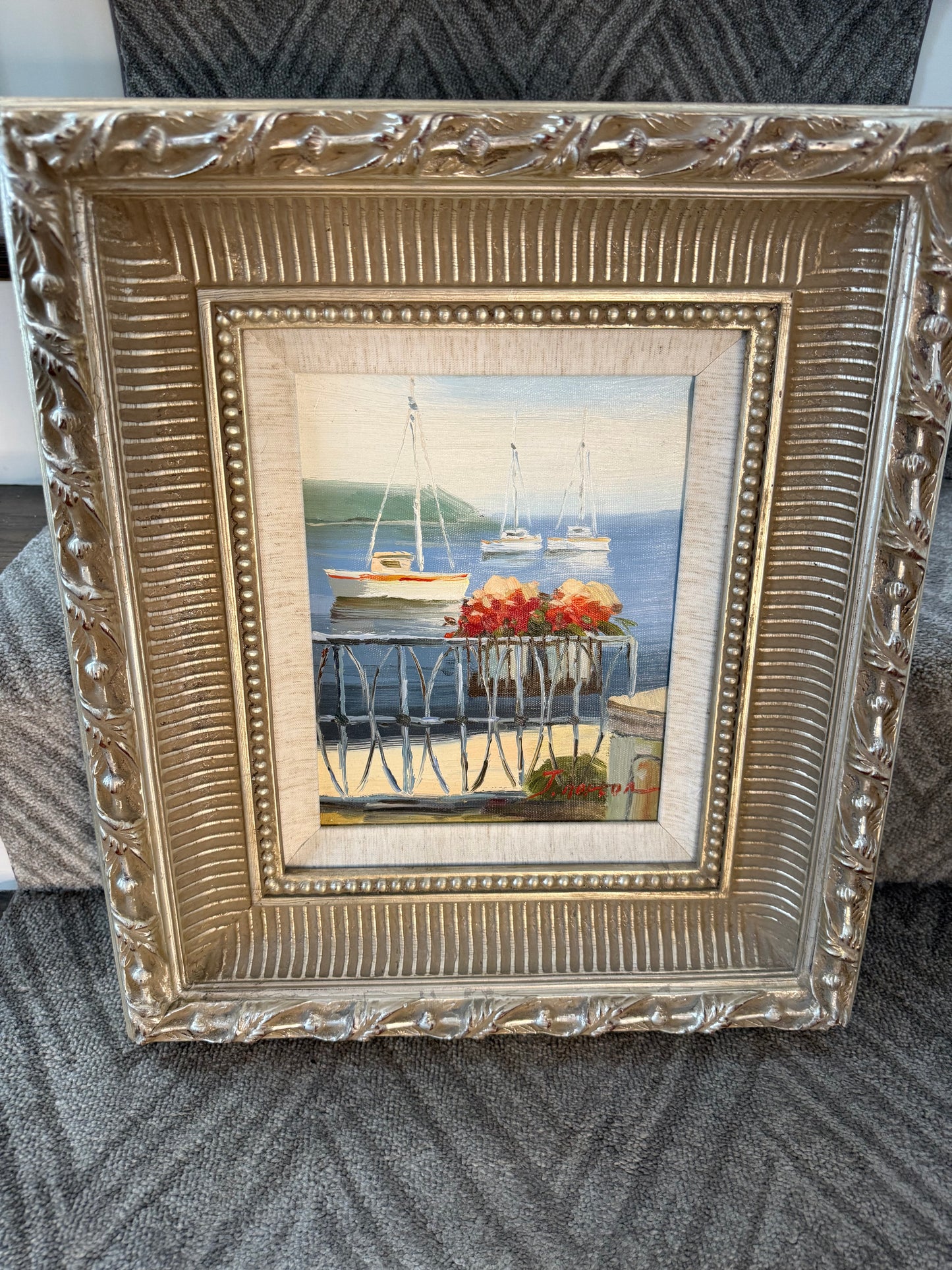 Original Signed Sailboat Painting Carved Wood Frame