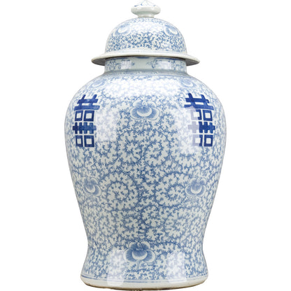 Danny’s Fine Porcelain – Classic Double Happiness Blue & White Lidded Ginger Jar (19.75”H)