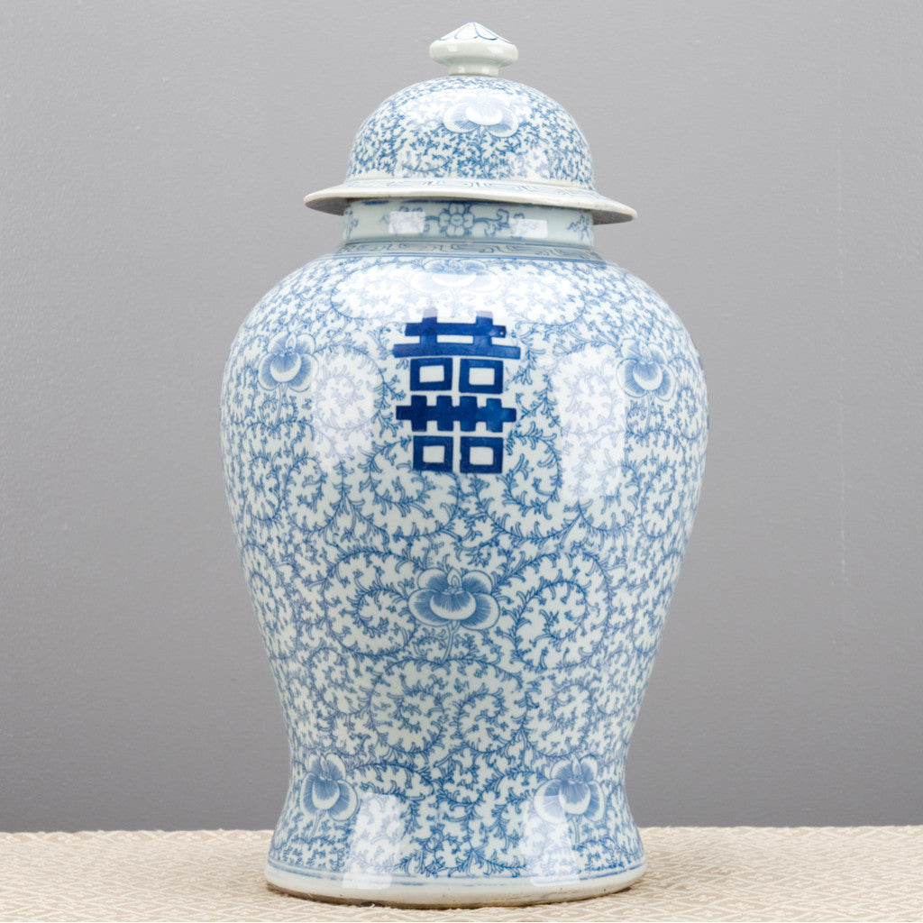Danny’s Fine Porcelain – Classic Double Happiness Blue & White Lidded Ginger Jar (19.75”H)