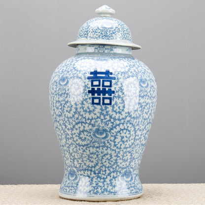 Danny’s Fine Porcelain – Classic Double Happiness Blue & White Lidded Ginger Jar (19.75”H)