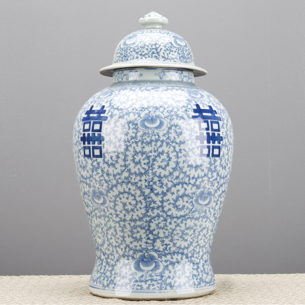 Danny’s Fine Porcelain – Classic Double Happiness Blue & White Lidded Ginger Jar (19.75”H)