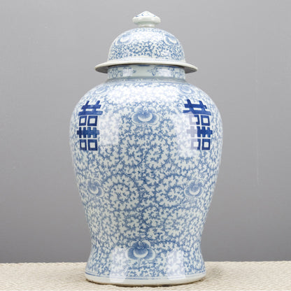 Danny’s Fine Porcelain – Classic Double Happiness Blue & White Lidded Ginger Jar (19.75”H)