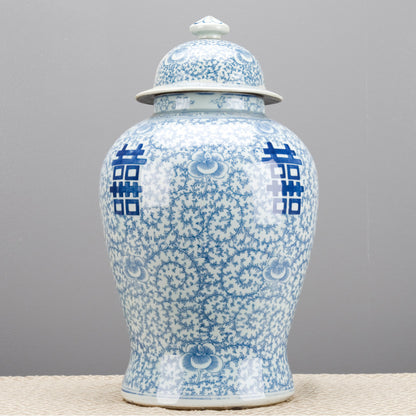 Danny’s Fine Porcelain – Classic Double Happiness Blue & White Lidded Ginger Jar (19.75”H)