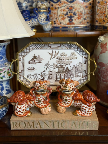 Danny’s Fine Porcelain - Rust & White Spaniel Foo Dog Figure Pair W/ Gold Accent (2 sizes to choose)
