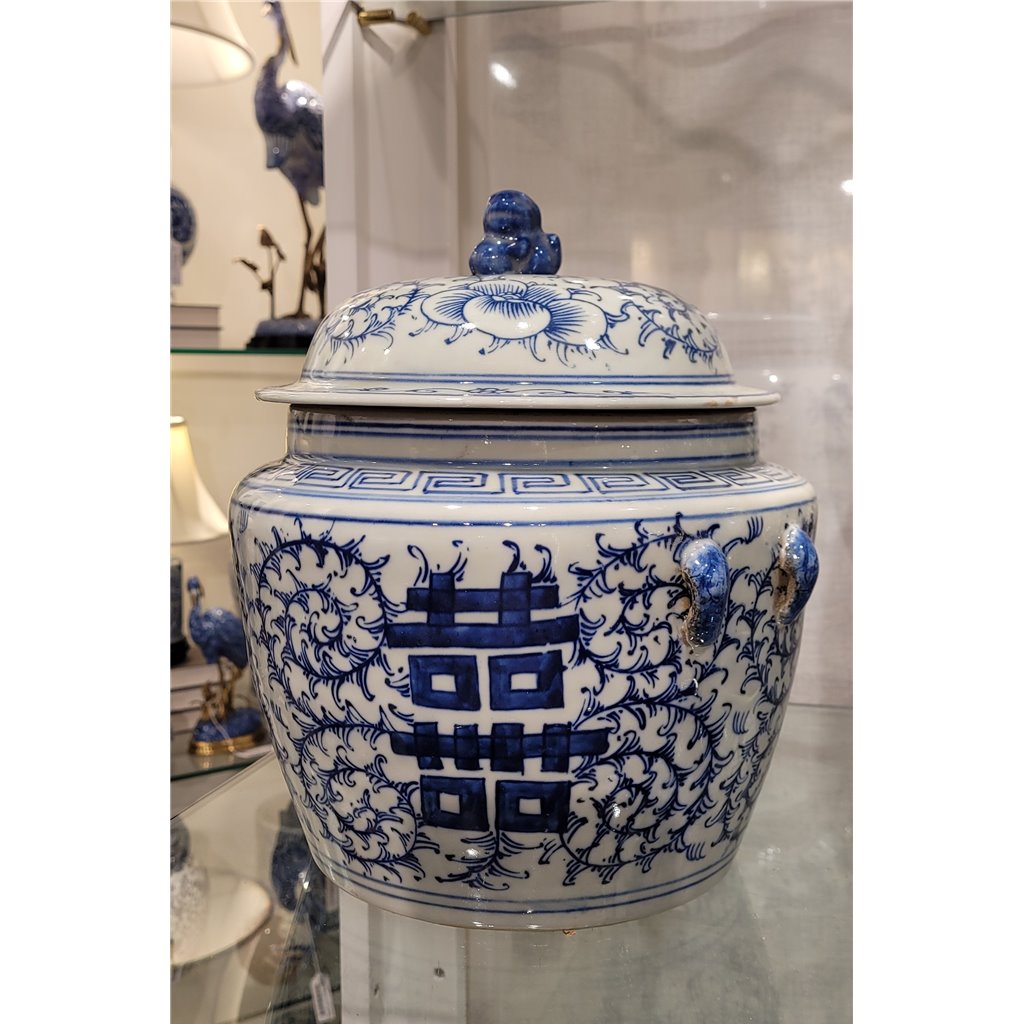 Blue & White Double Porcelain Happiness Lidded Jar, 10" Tall