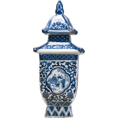 Danny's Fine Porcelain: Petite Blue & White Pagoda Lidded Jar – Courtyard Scene, 8” Tall
