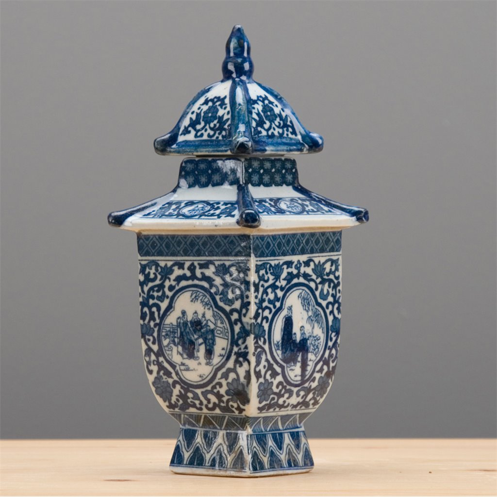 Danny's Fine Porcelain: Petite Blue & White Pagoda Lidded Jar – Courtyard Scene, 8” Tall