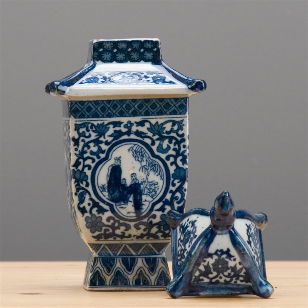Danny's Fine Porcelain: Petite Blue & White Pagoda Lidded Jar – Courtyard Scene, 8” Tall