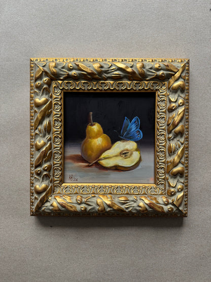 Reserved Pear and butterfly original oil painting 9.5x9.5”