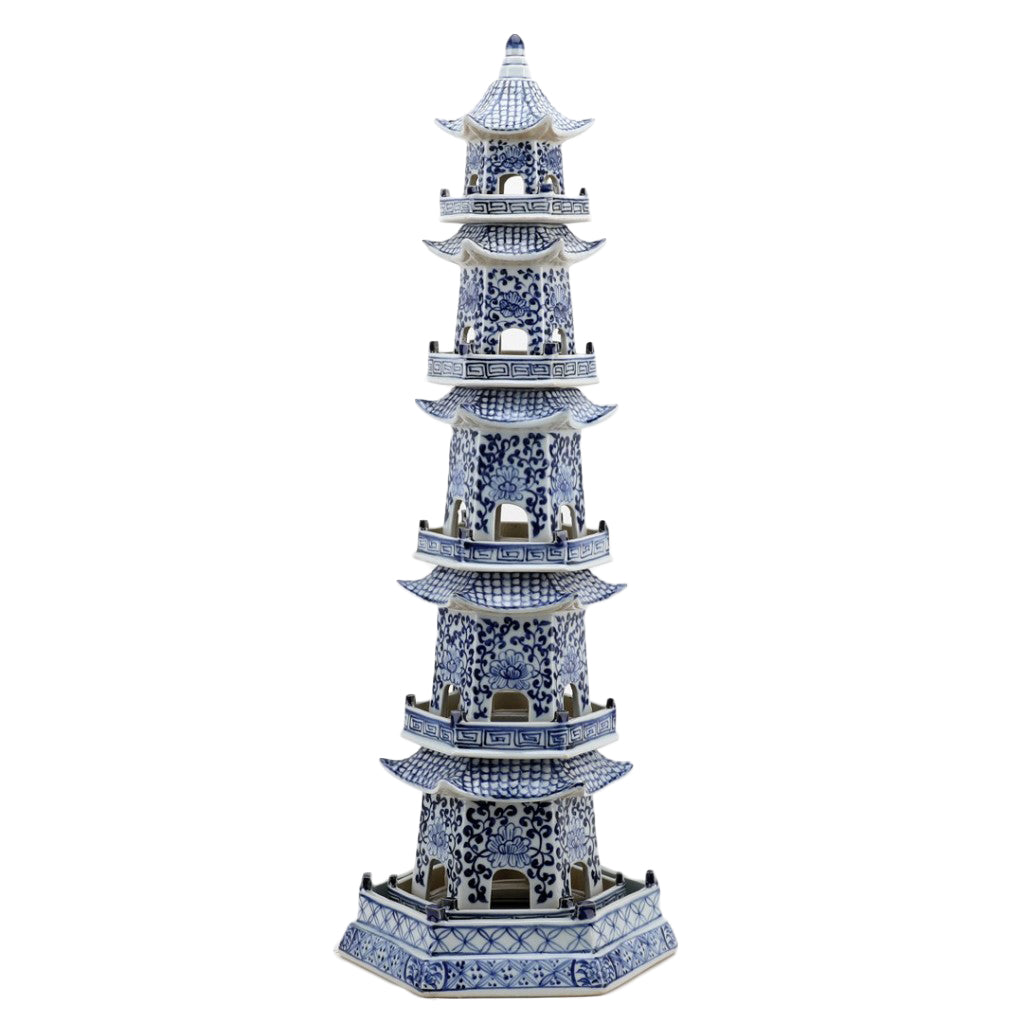 Danny's Fine Porcelain: 30" Tall Blue & White Porcelain Pagoda Tower, 6-Tier Hand-Painted