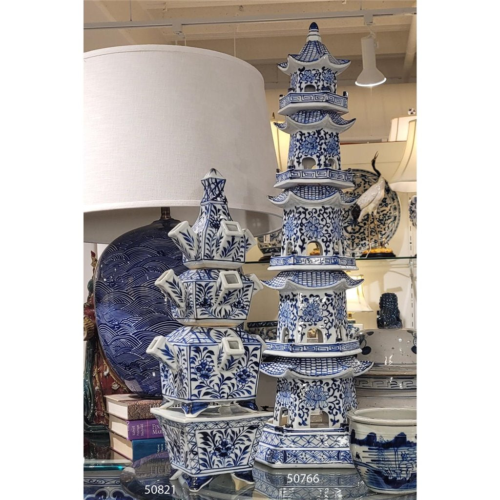 Danny's Fine Porcelain: 30" Tall Blue & White Porcelain Pagoda Tower, 6-Tier Hand-Painted
