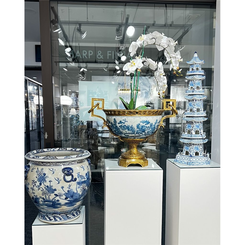Danny's Fine Porcelain: 30" Tall Blue & White Porcelain Pagoda Tower, 6-Tier Hand-Painted