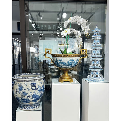 Danny's Fine Porcelain: 30" Tall Blue & White Porcelain Pagoda Tower, 6-Tier Hand-Painted