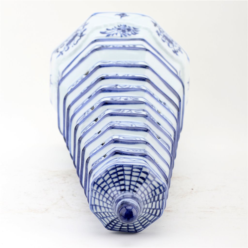 NEW - Blue & White, 17" Tall Floral Porcelain Pagoda