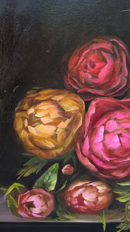 Large Peony Oil Painting in Ornate Gold Frame 44 x 36