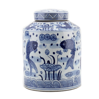 Danny's Fine Porcelain: Blue & White Lidded Tea Jar – Double Koi & Lotus Garden Motif | 8.5” x 11.5” | Chinoiserie Porcelain