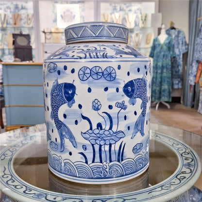 Danny's Fine Porcelain: Blue & White Lidded Tea Jar – Double Koi & Lotus Garden Motif | 8.5” x 11.5” | Chinoiserie Porcelain
