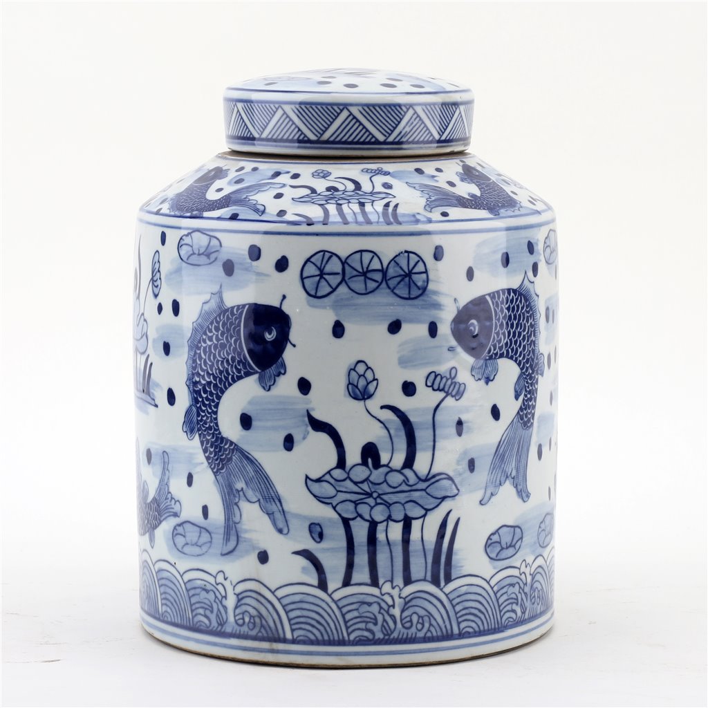 Danny's Fine Porcelain: Blue & White Lidded Tea Jar – Double Koi & Lotus Garden Motif | 8.5” x 11.5” | Chinoiserie Porcelain