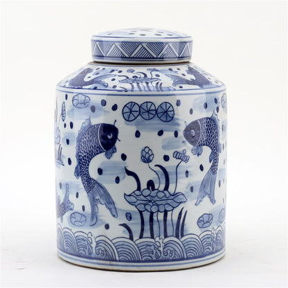 Danny's Fine Porcelain: Blue & White Lidded Tea Jar – Double Koi & Lotus Garden Motif | 8.5” x 11.5” | Chinoiserie Porcelain