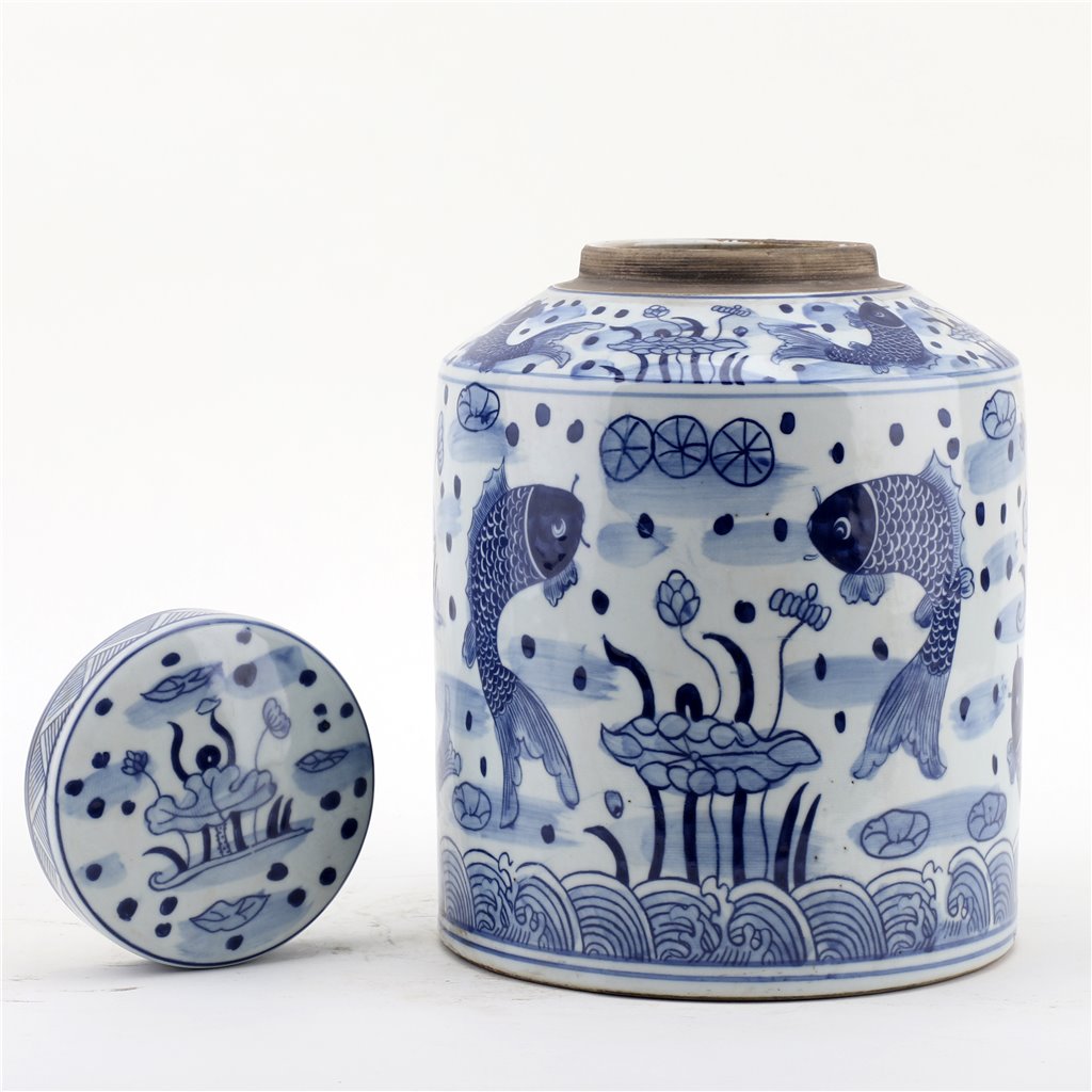 Danny's Fine Porcelain: Blue & White Lidded Tea Jar – Double Koi & Lotus Garden Motif | 8.5” x 11.5” | Chinoiserie Porcelain