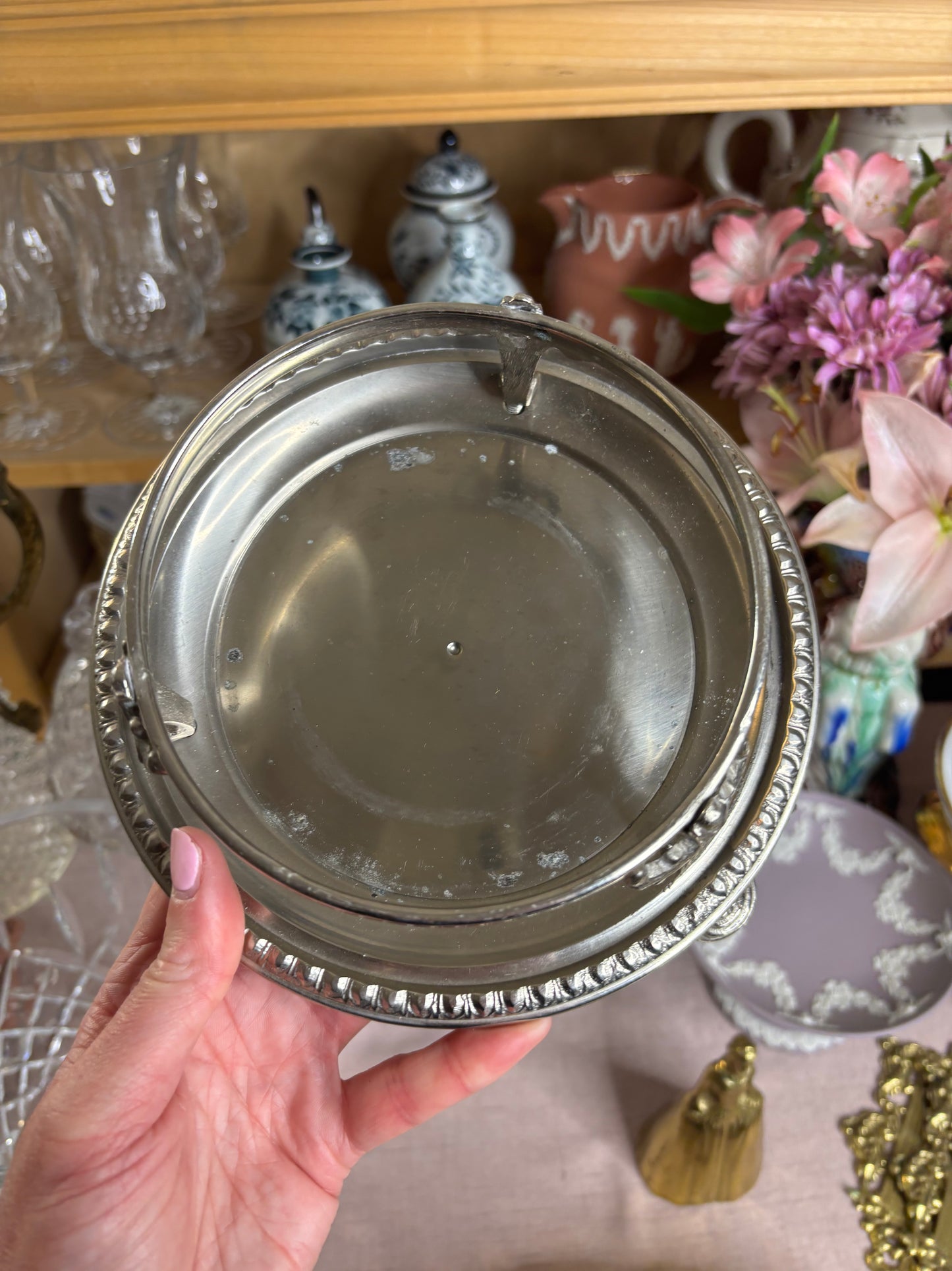 Stunning antique cut green biscuit jar with holding tray!