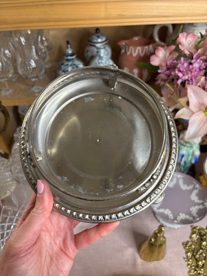 Stunning antique cut green biscuit jar with holding tray!